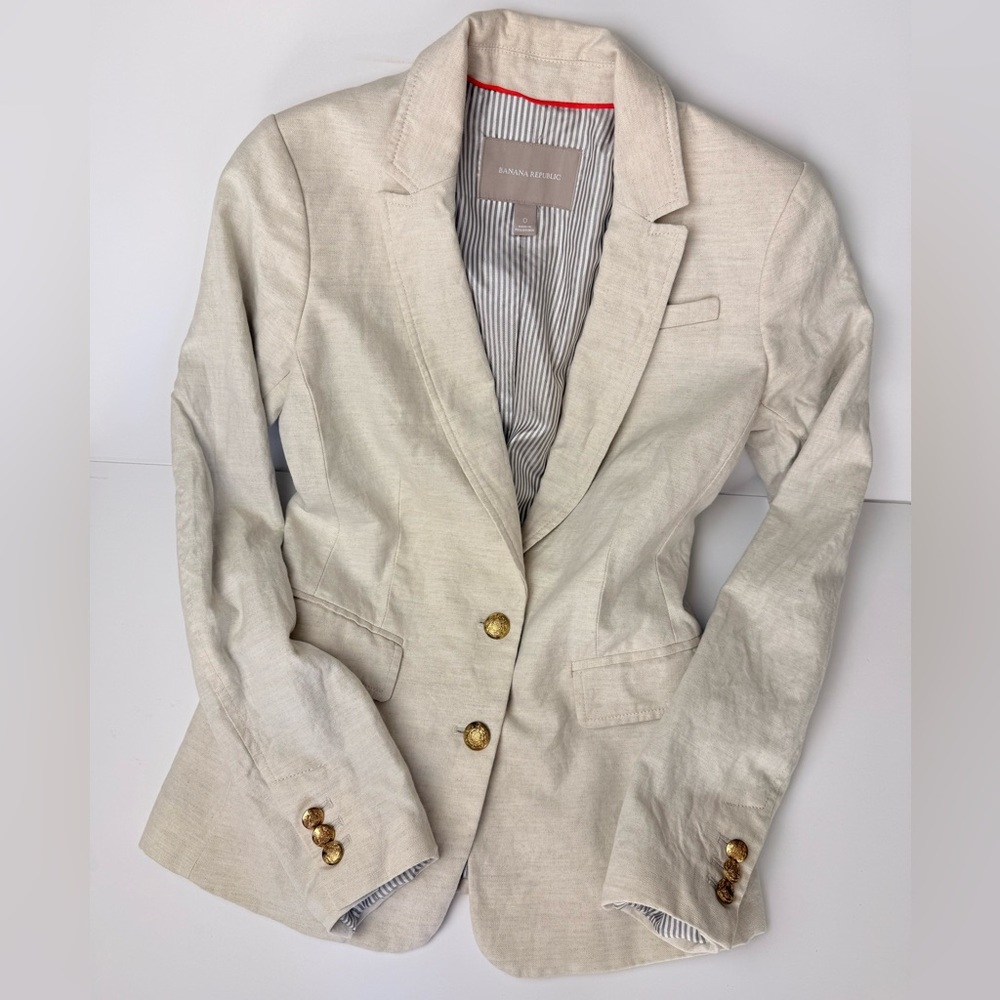 Banana Republic Cotton Linen Blazer Gold Button‎ Tailored Jacket Sz 0